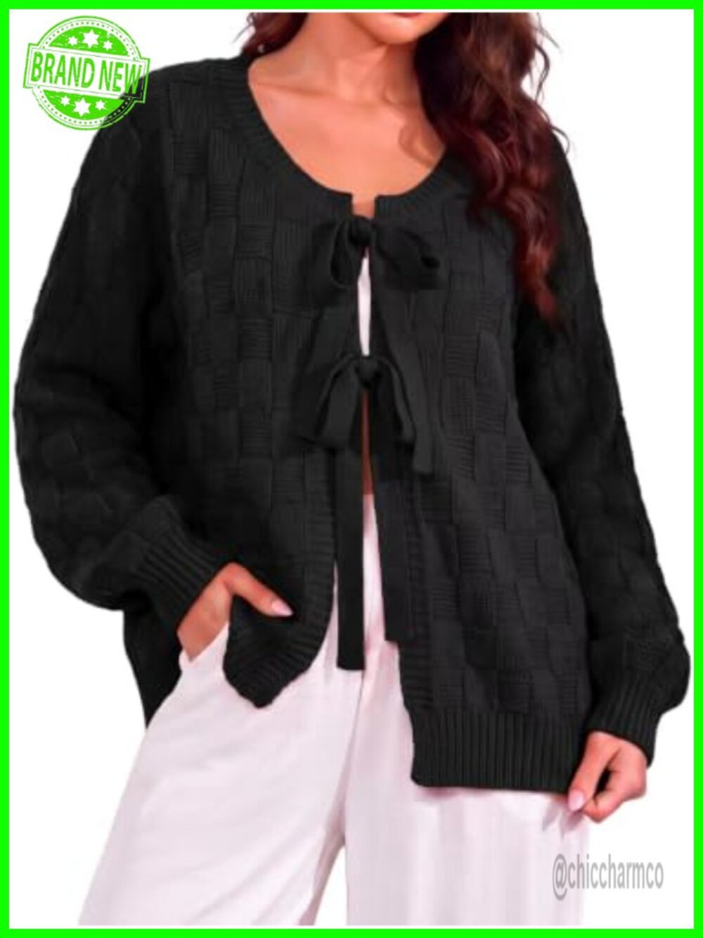 Oversized Chunky Knit Tie Front Cardigan Lantern Sleeve Sweater